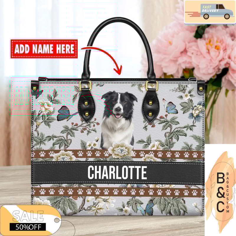 Border Collie Dog Leather Handbag for Women, Gift for Her With Custom Name, Shoulder Tote Bag 4.jpg