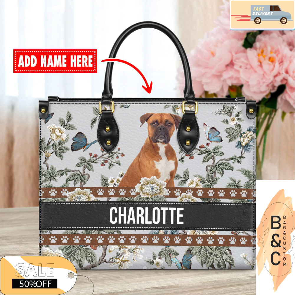 Boxer Dog Leather Handbag for Women, Gift for Her With Custom Name, Shoulder Tote Bag 4.jpg
