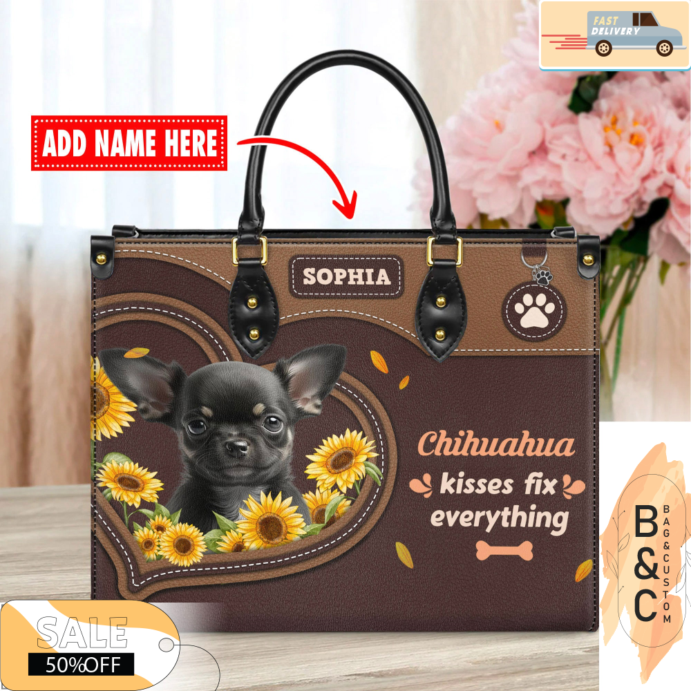 Chihuahua Dog Leather Handbag for Women, Gift for Her With Custom Name, Shoulder Tote Bag 2.jpg