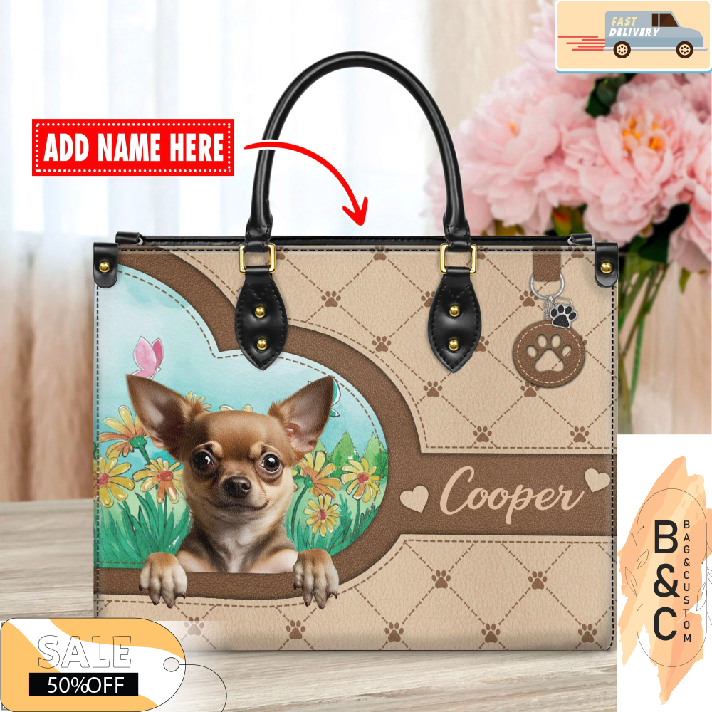 Chihuahua Dog Leather Handbag for Women, Gift for Her With Custom Name, Shoulder Tote Bag 3.jpg
