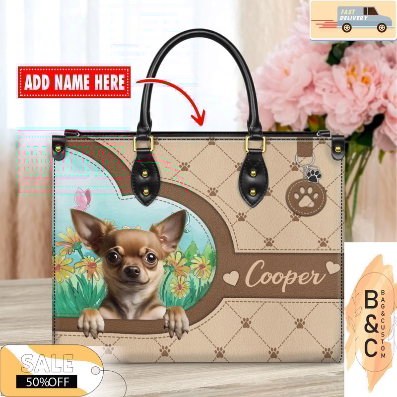 Chihuahua Dog Leather Handbag for Women, Gift for Her With Custom Name, Shoulder Tote Bag 3.jpg