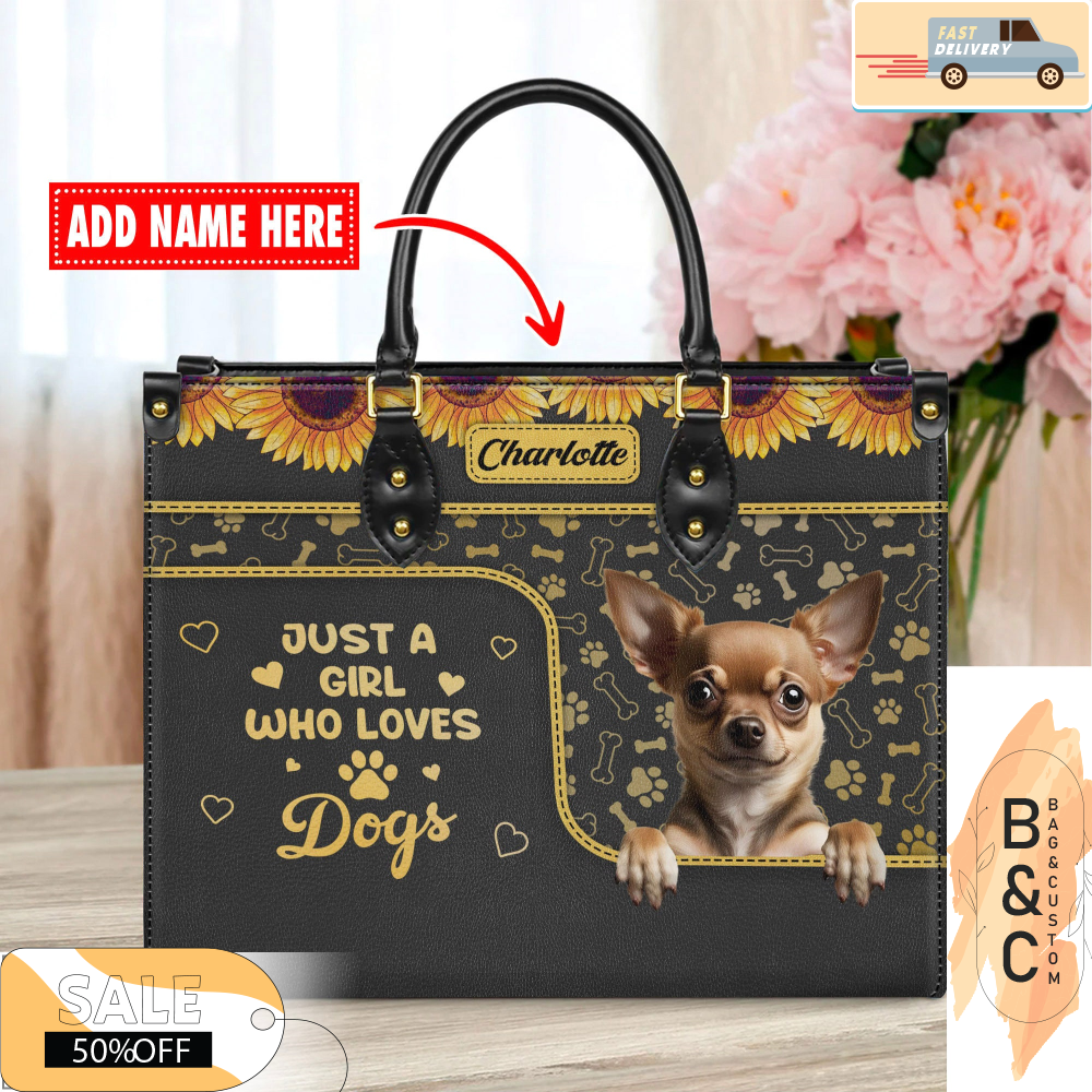 Chihuahua Dog Leather Handbag for Women, Gift for Her With Custom Name, Shoulder Tote Bag.jpg