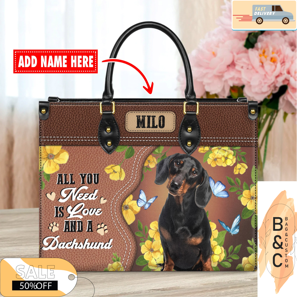 Dachshund Dog Leather Handbags For Women, Custom Name Leather Bags, Leather Purse Crossbody Gift For Women, Woman Shoulder Bag.jpg