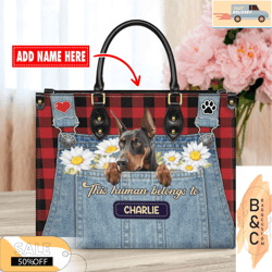 doberman pinscher dog leather handbag for women, gift for her with custom namecustom bag, leather bag, leather bag gift,