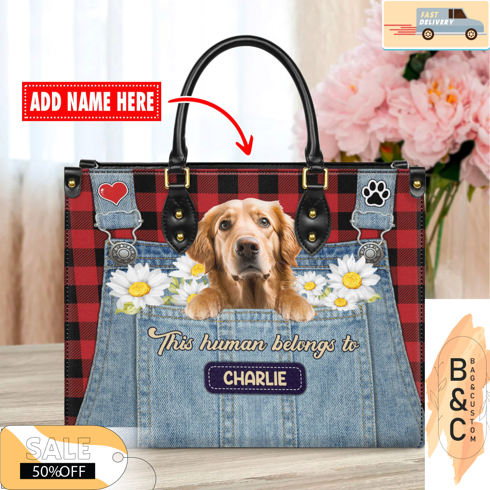 Golden Retriever Dog Leather Handbag for Women, Gift for Her With Custom Name, Shoulder Tote Bag 1.jpg