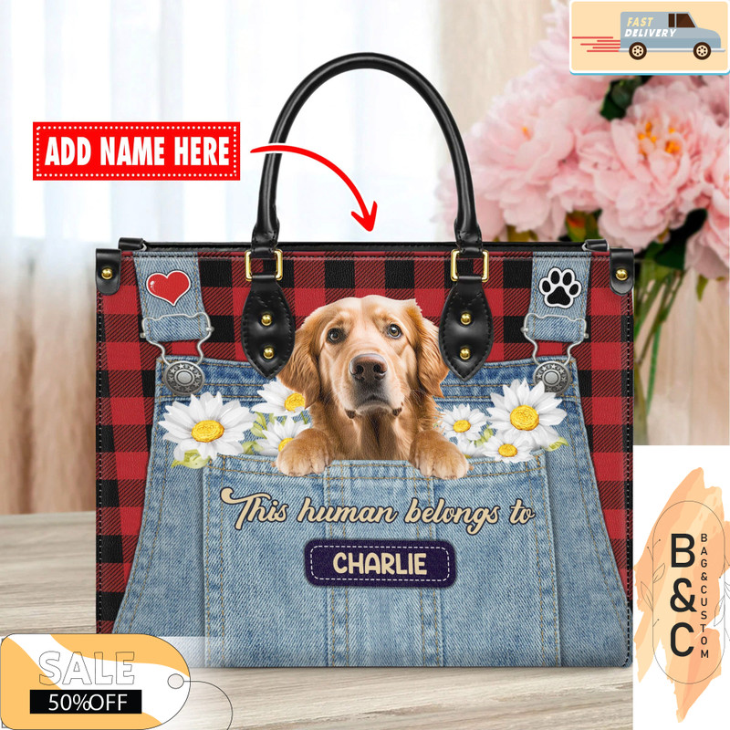 Golden Retriever Dog Leather Handbag for Women, Gift for Her With Custom Name, Shoulder Tote Bag 1.jpg