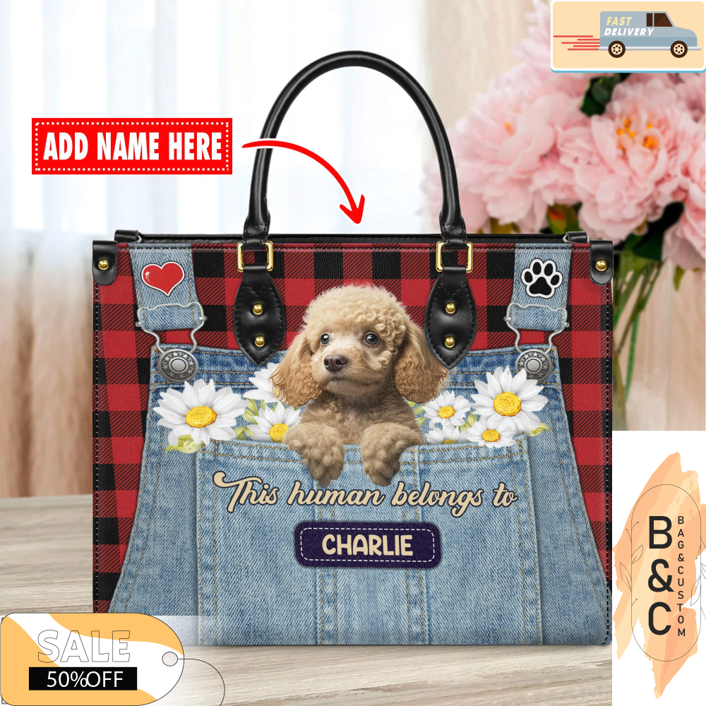Poodle Dog Leather Handbag for Women, Gift for Her With Custom Name, Shoulder Tote Bag 2.jpg