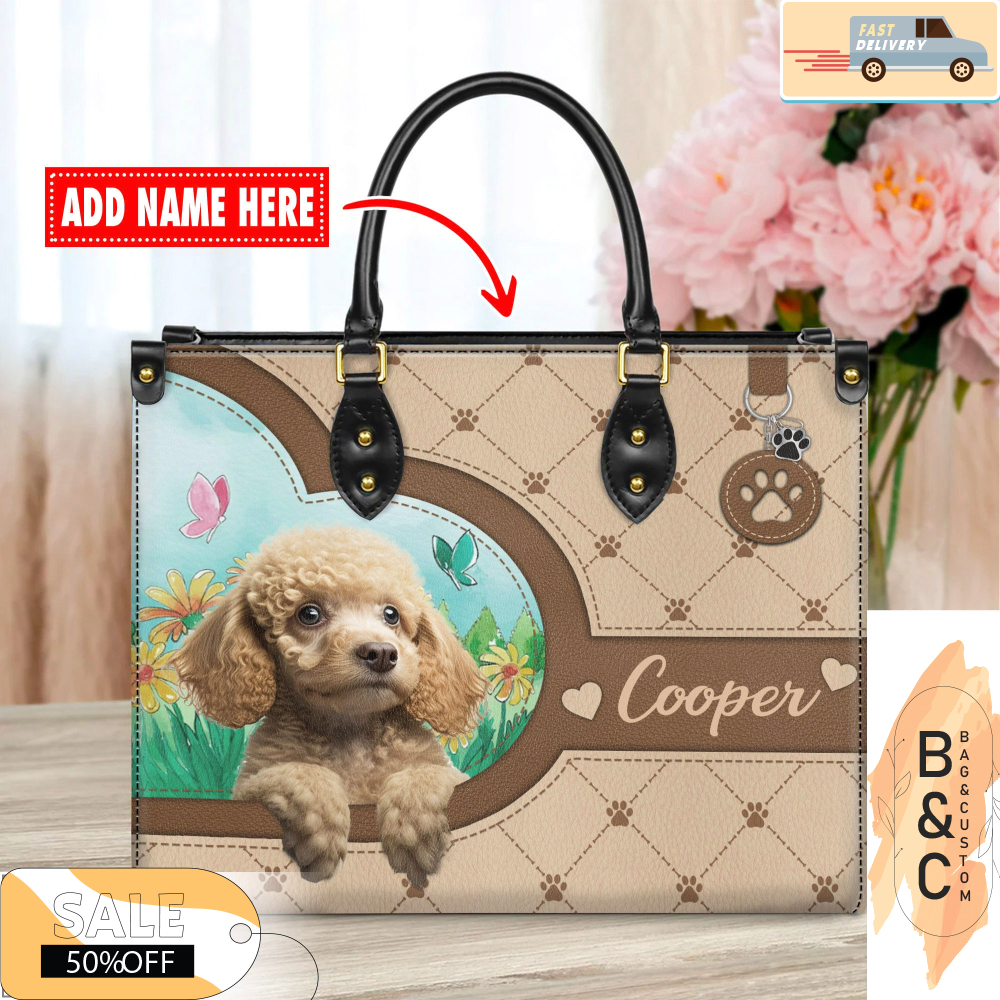 Poodle Dog Leather Handbag for Women, Gift for Her With Custom Name, Shoulder Tote Bag 4.jpg