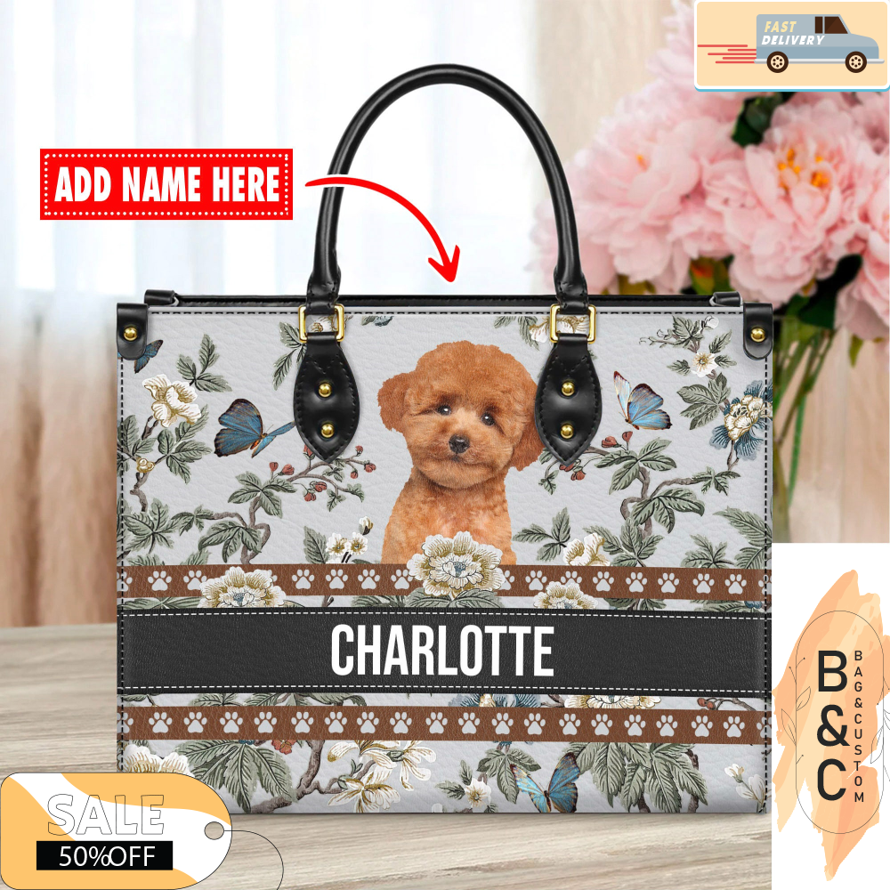 Poodle Dog Leather Handbag for Women, Gift for Her With Custom Name, Shoulder Tote Bag 5.jpg