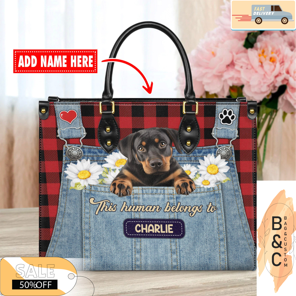 Rottweiler Dog Leather Handbag for Women, Gift for Her With Custom Name, Shoulder Tote Bag 1.jpg
