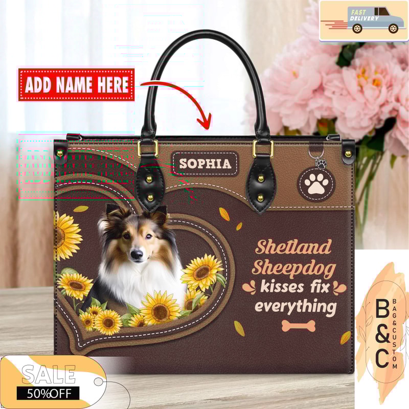 Shetland Sheepdog Leather Handbag for Women, Gift for Her With Custom Name, Shoulder Tote Bag 2.jpg