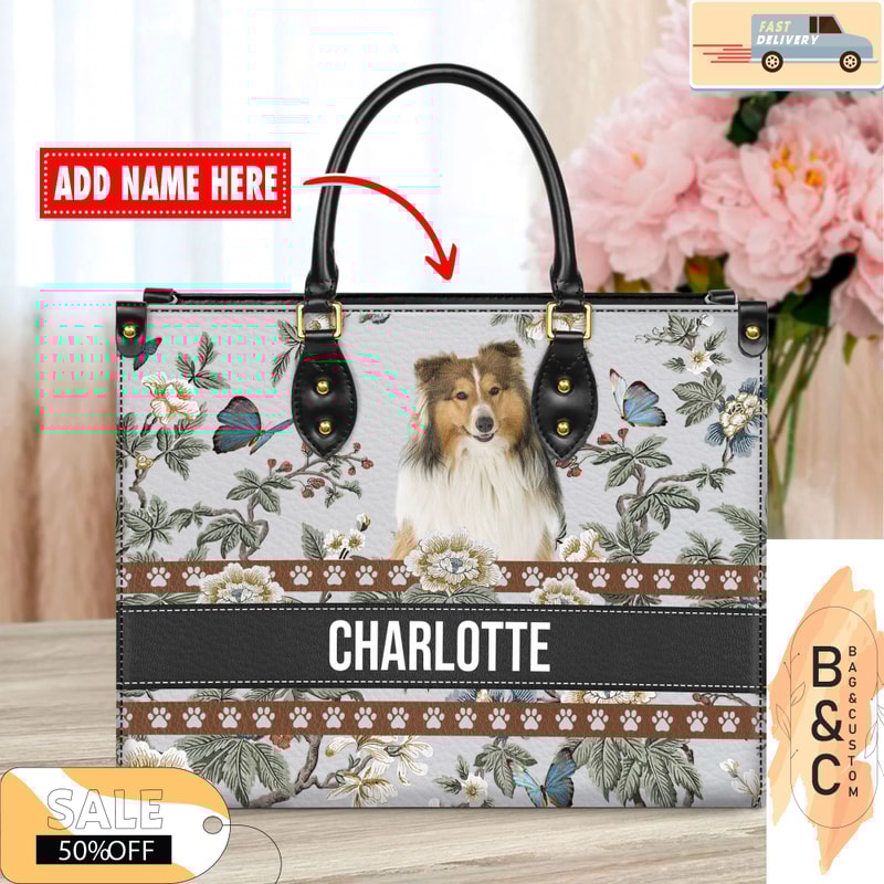 Shetland Sheepdog Leather Handbag for Women, Gift for Her With Custom Name, Shoulder Tote Bag 4.jpg