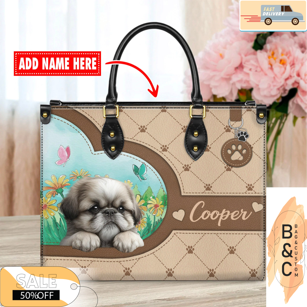 Shih Tzu Dog Leather Handbag for Women, Gift for Her With Custom Name, Shoulder Tote Bag 3.jpg