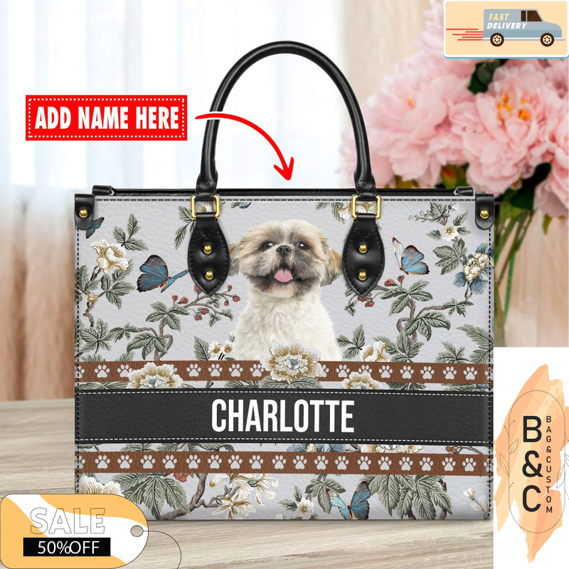 Shih Tzu Dog Leather Handbag for Women, Gift for Her With Custom Name, Shoulder Tote Bag 4.jpg