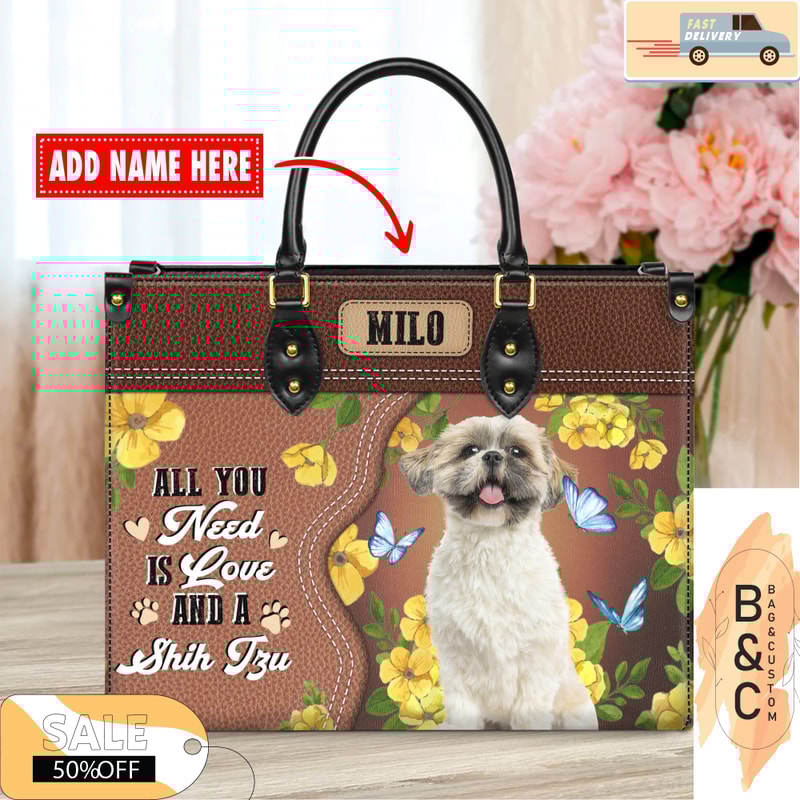 Shih Tzu Leather Handbags For Women, Custom Name Leather Bags, Leather Purse Crossbody Gift For Women, Woman Shoulder Bag.jpg