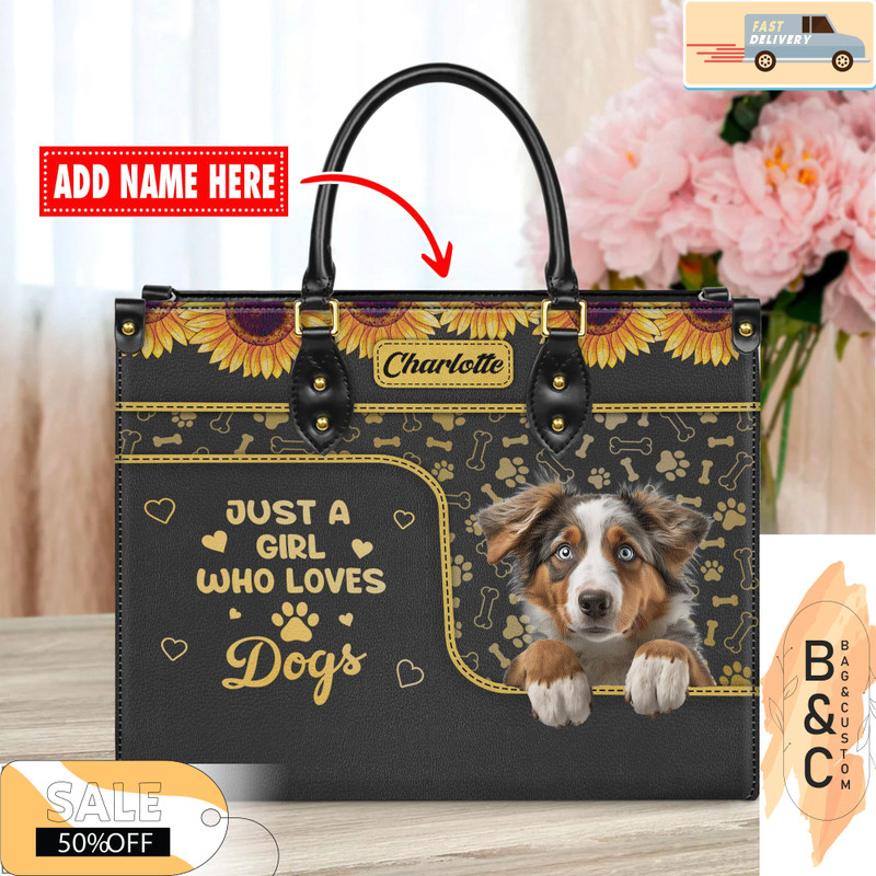 Australian Shepherd Dog Leather Handbag for Women, Gift for Her With Custom Name, Shoulder Tote Bag.jpg