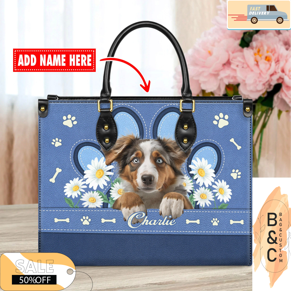 Australian Shepherd Leather Handbag for Women, Gift for Her With Custom Name, Shoulder Tote Bag.jpg
