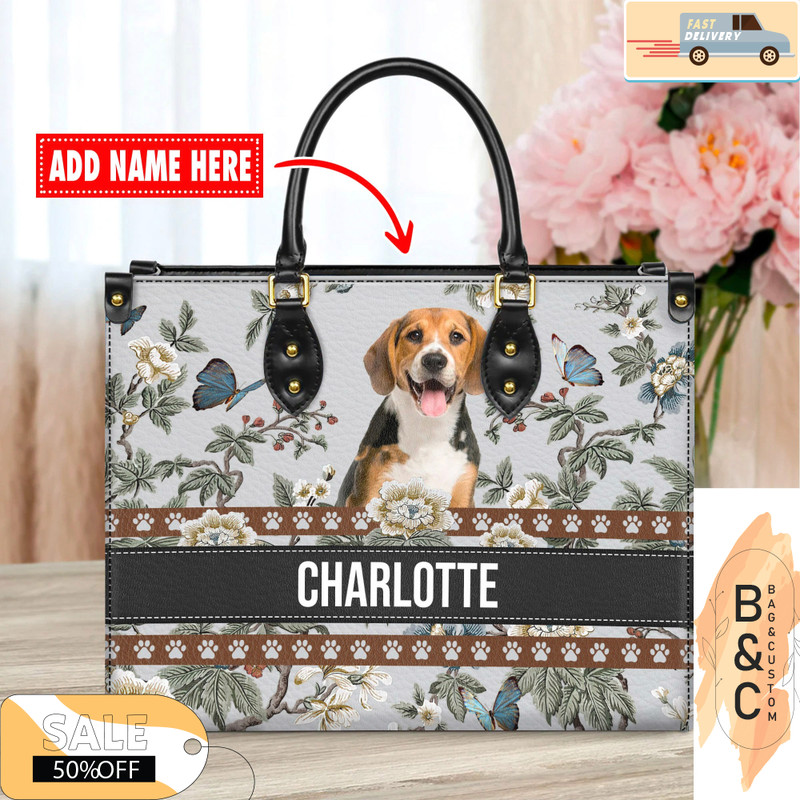 Beagle Dog Leather Handbag for Women, Gift for Her With Custom Name, Shoulder Tote Bag 4.jpg