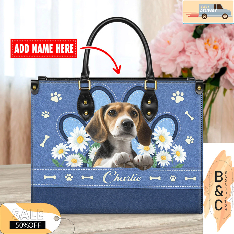 Beagle Dog Leather Handbag for Women, Gift for Her With Custom Name, Shoulder Tote Bag 5.jpg