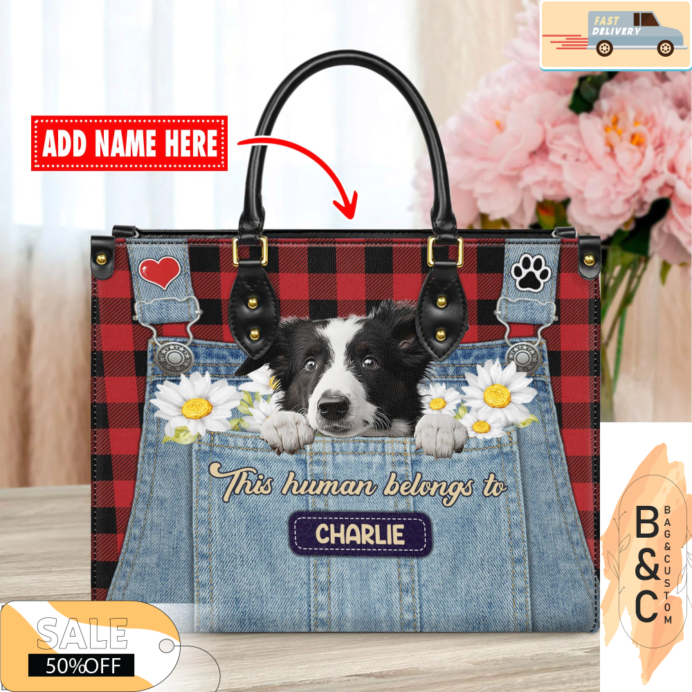Border Collie Dog Leather Handbag for Women, Gift for Her With Custom Name, Shoulder Tote Bag 1.jpg
