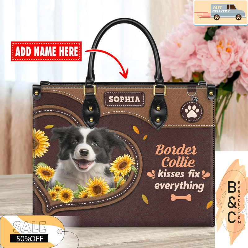 Border Collie Dog Leather Handbag for Women, Gift for Her With Custom Name, Shoulder Tote Bag 2.jpg