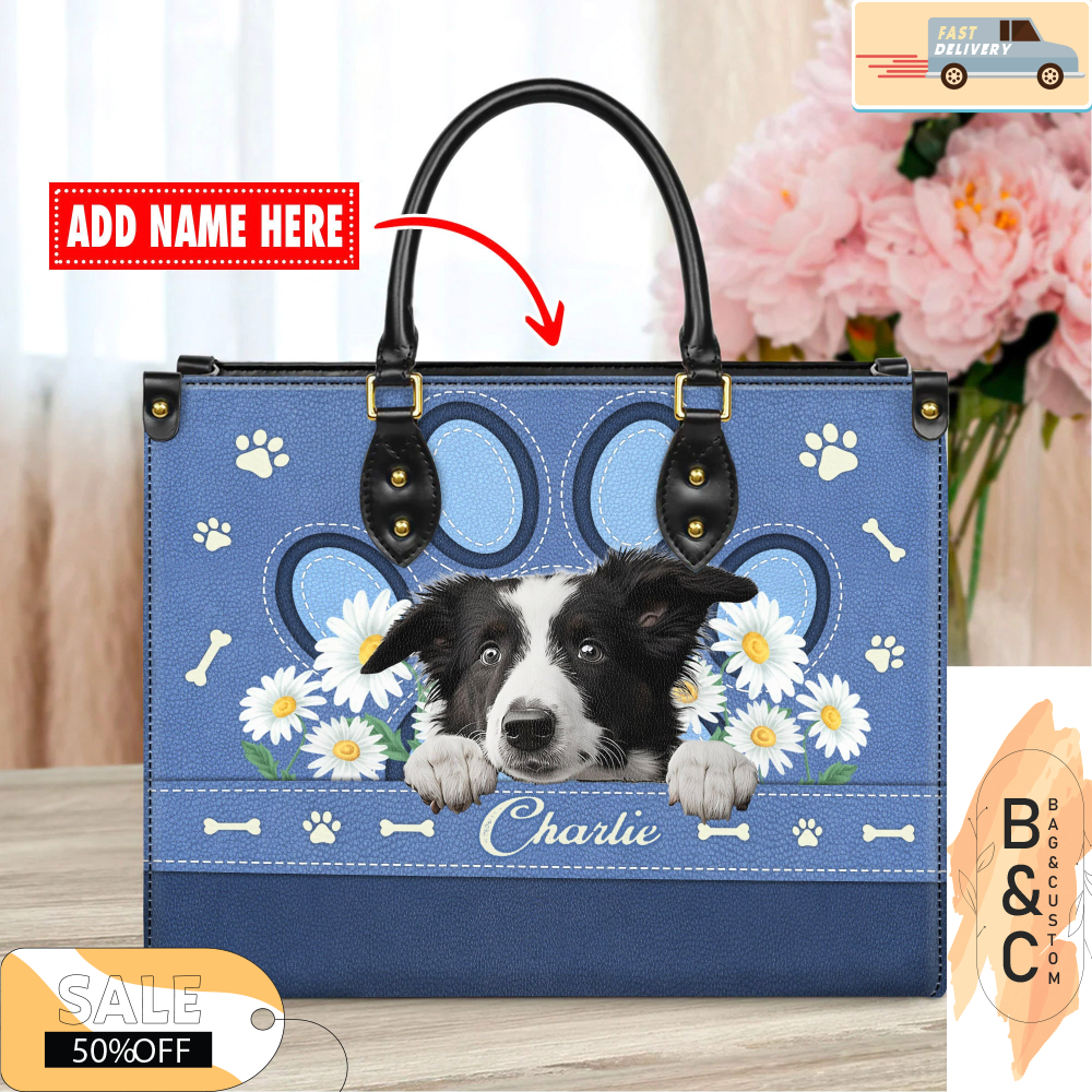 Border Collie Dog Leather Handbag for Women, Gift for Her With Custom Name, Shoulder Tote Bag 6.jpg
