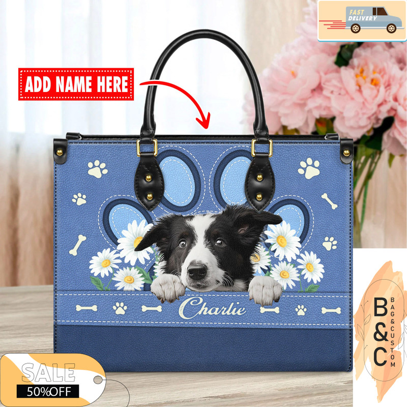 Border Collie Dog Leather Handbag for Women, Gift for Her With Custom Name, Shoulder Tote Bag 6.jpg