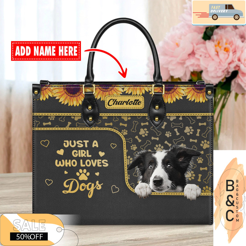 Border Collie Dog Leather Handbag for Women, Gift for Her With Custom Name, Shoulder Tote Bag.jpg