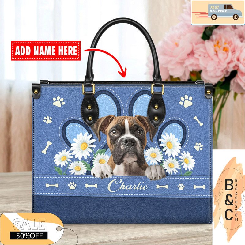 Boxer Dog Leather Handbag for Women, Gift for Her With Custom Name, Shoulder Tote Bag 5.jpg