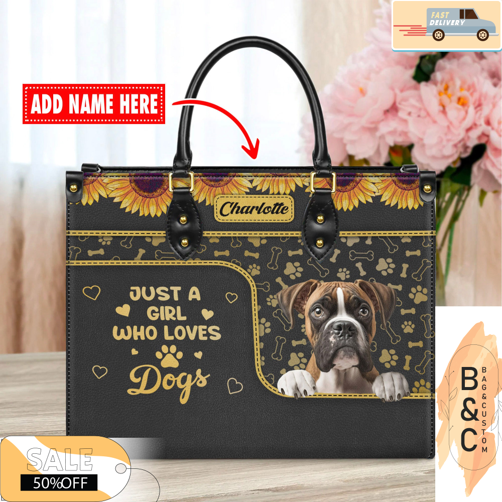 Boxer Dog Leather Handbag for Women, Gift for Her With Custom Name, Shoulder Tote Bag.jpg