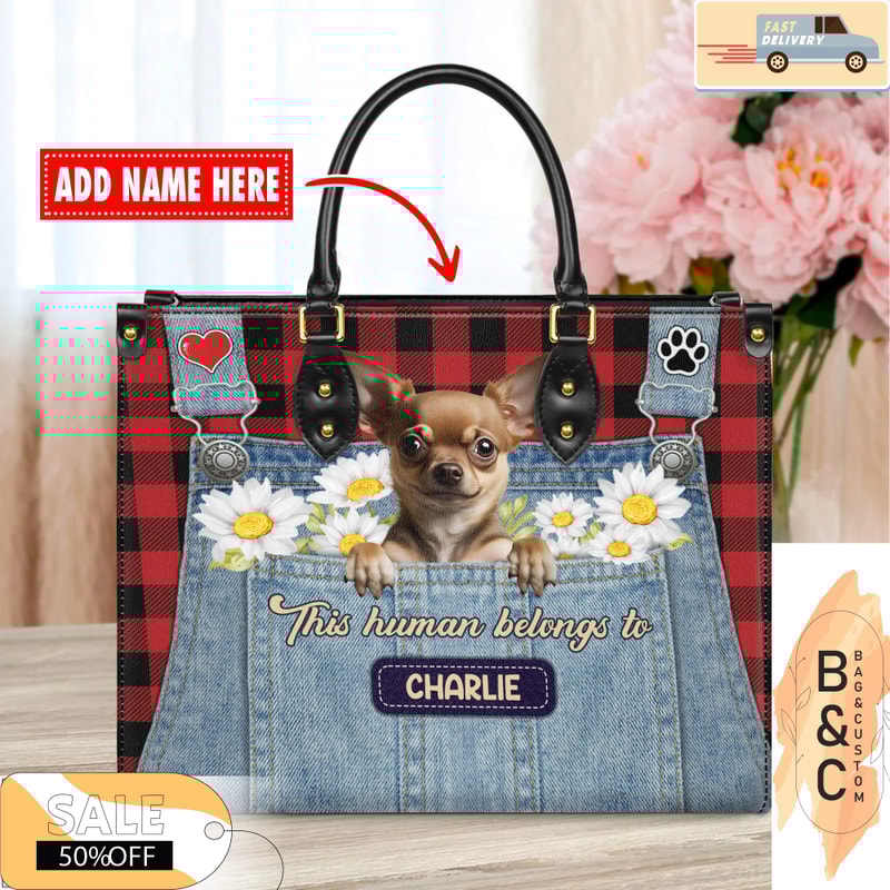 Chihuahua Dog Leather Handbag for Women, Gift for Her With Custom Name, Shoulder Tote Bag 1.jpg