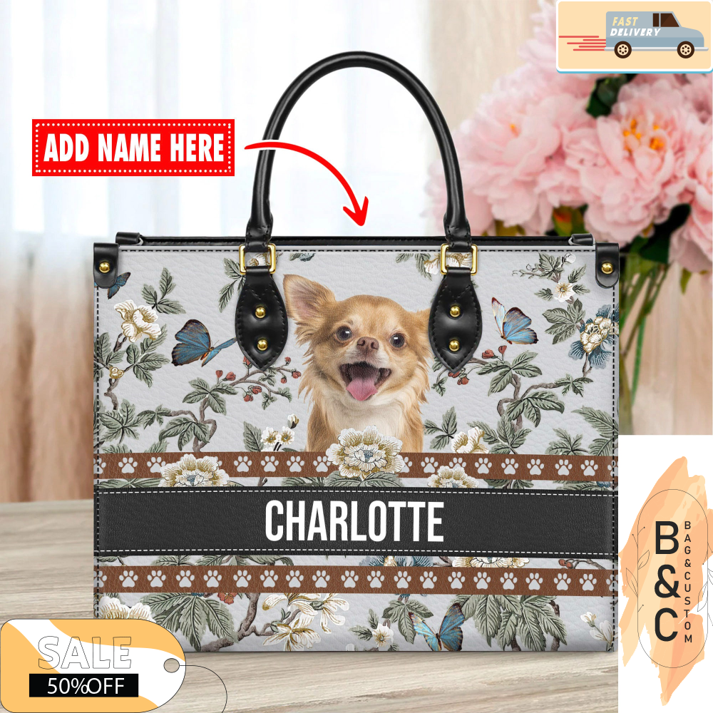 Chihuahua Dog Leather Handbag for Women, Gift for Her With Custom Name, Shoulder Tote Bag 4.jpg