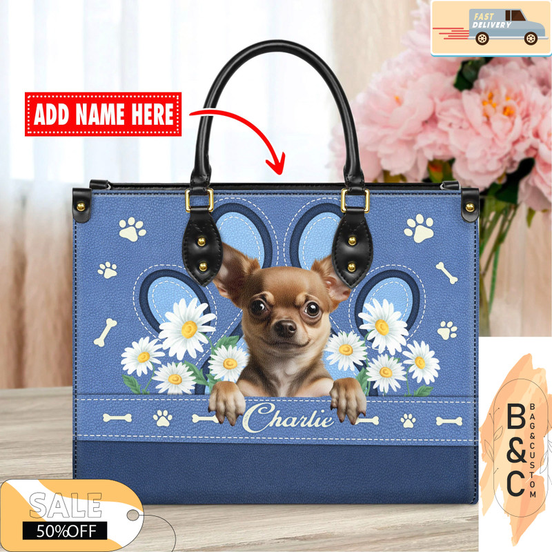 Chihuahua Dog Leather Handbag for Women, Gift for Her With Custom Name, Shoulder Tote Bag 5.jpg