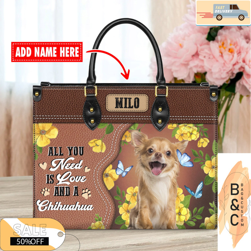 Chihuahua Dog Leather Handbags For Women, Custom Name Leather Bags, Leather Purse Crossbody Gift For Women, Woman Shoulder Bag.jpg