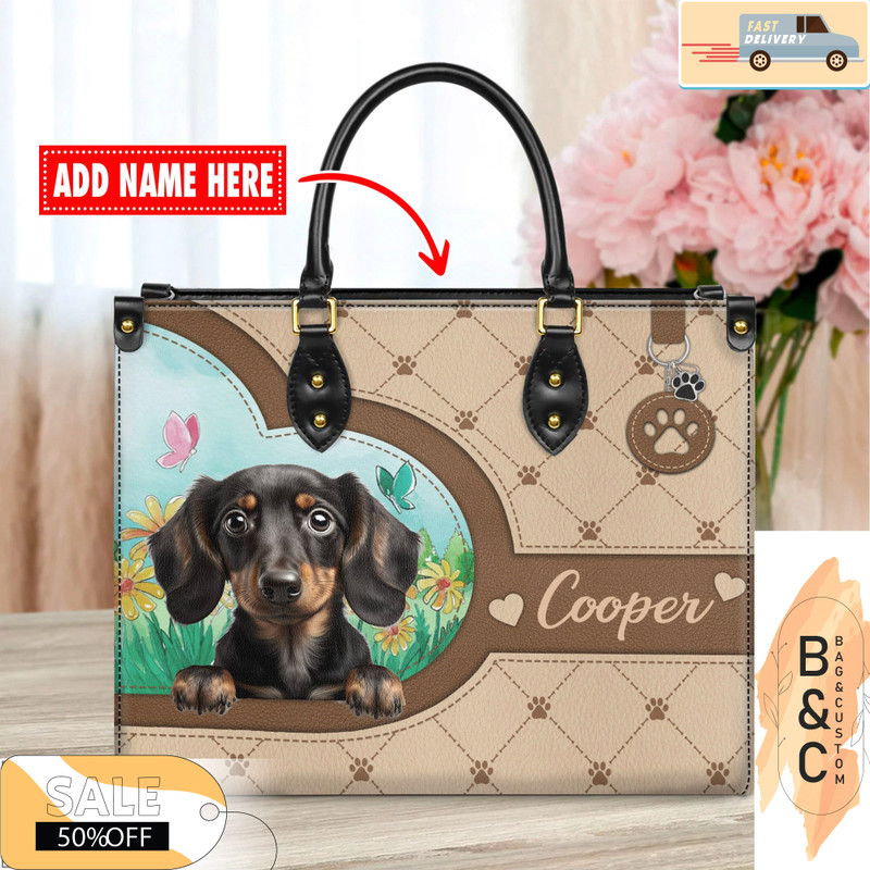 Dachshund Dog Leather Handbag for Women, Gift for Her With Custom Name, Shoulder Tote Bag 3.jpg