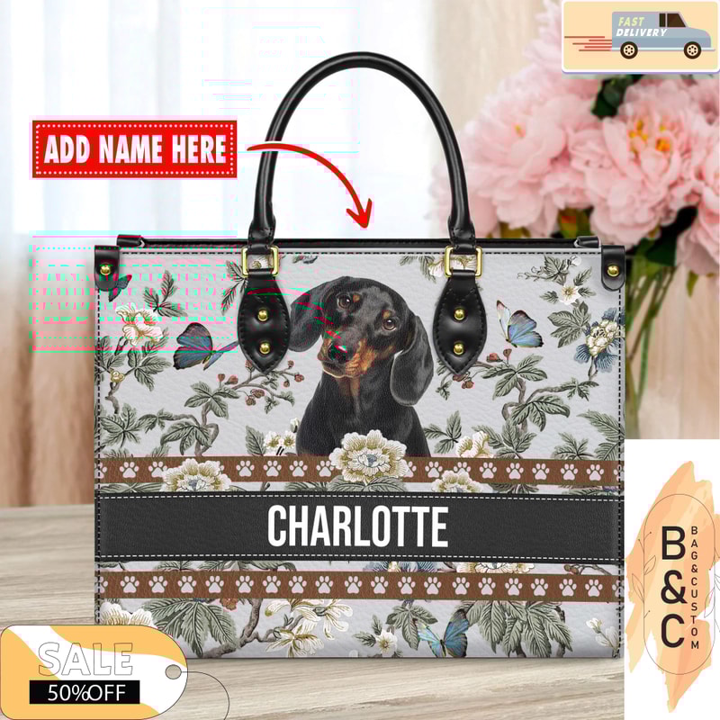 Dachshund Dog Leather Handbag for Women, Gift for Her With Custom Name, Shoulder Tote Bag 4.jpg