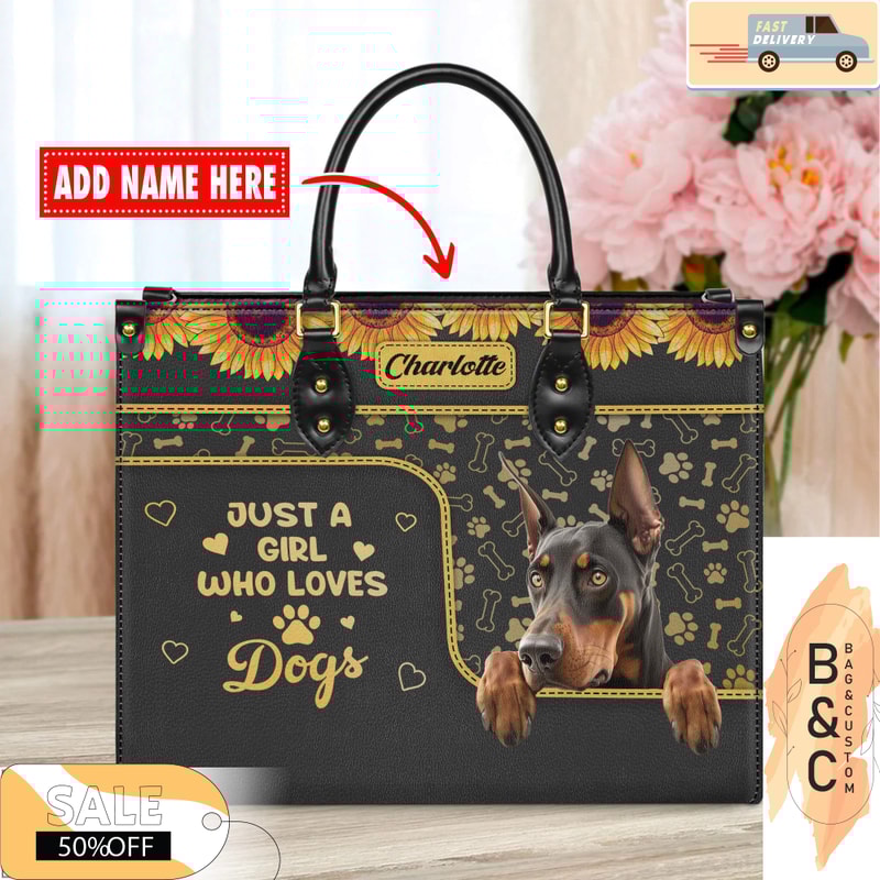 Doberman Pinscher Dog Leather Handbag for Women, Gift for Her With Custom Name, Shoulder Tote Bag.jpg