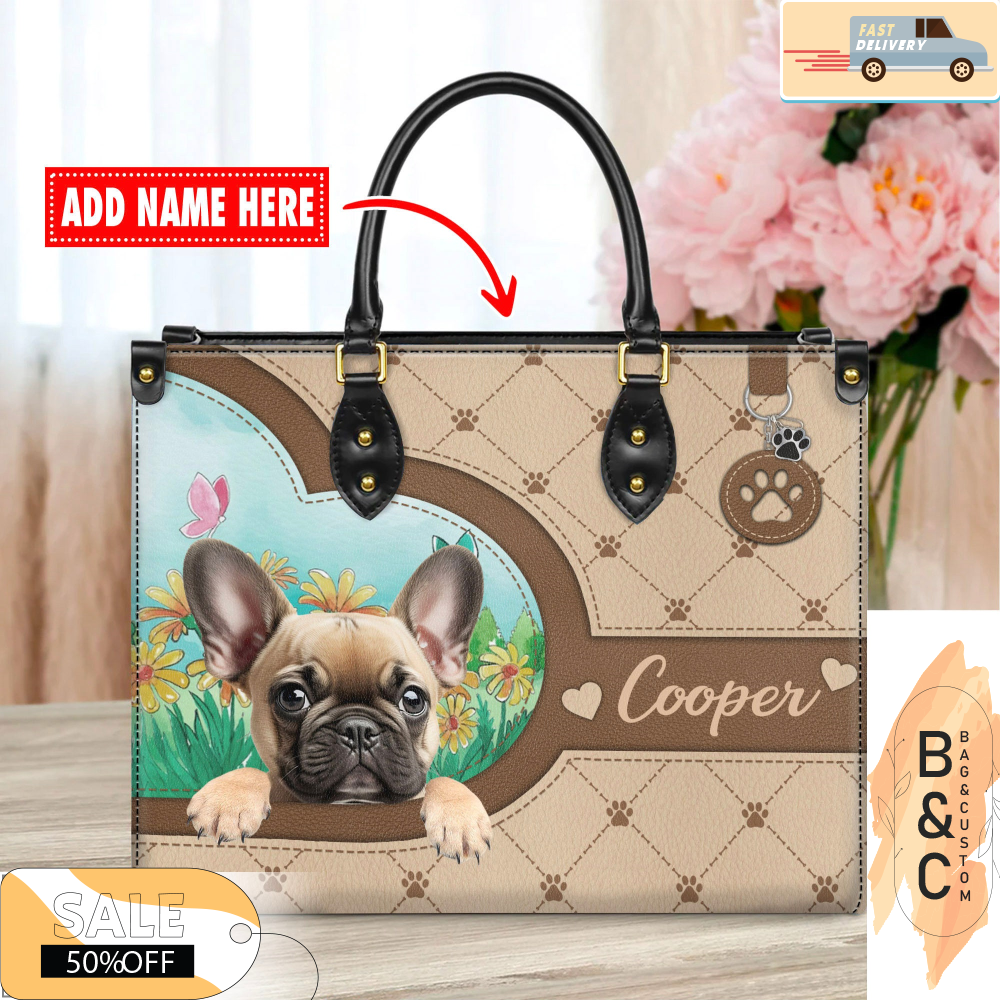 French Bulldog Leather Handbag for Women, Gift for Her With Custom Name, Shoulder Tote Bag 3.jpg