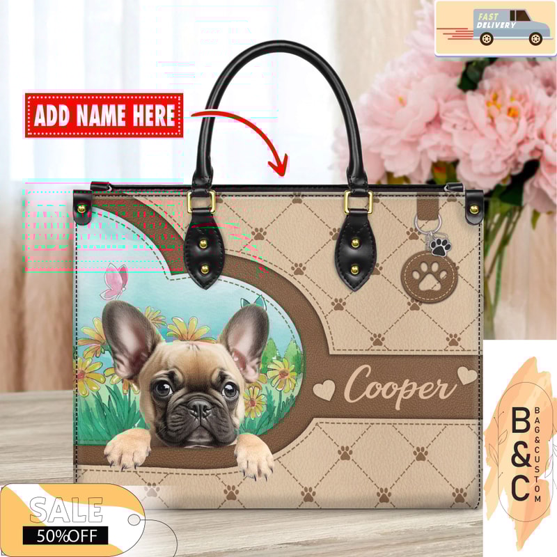 French Bulldog Leather Handbag for Women, Gift for Her With Custom Name, Shoulder Tote Bag 3.jpg