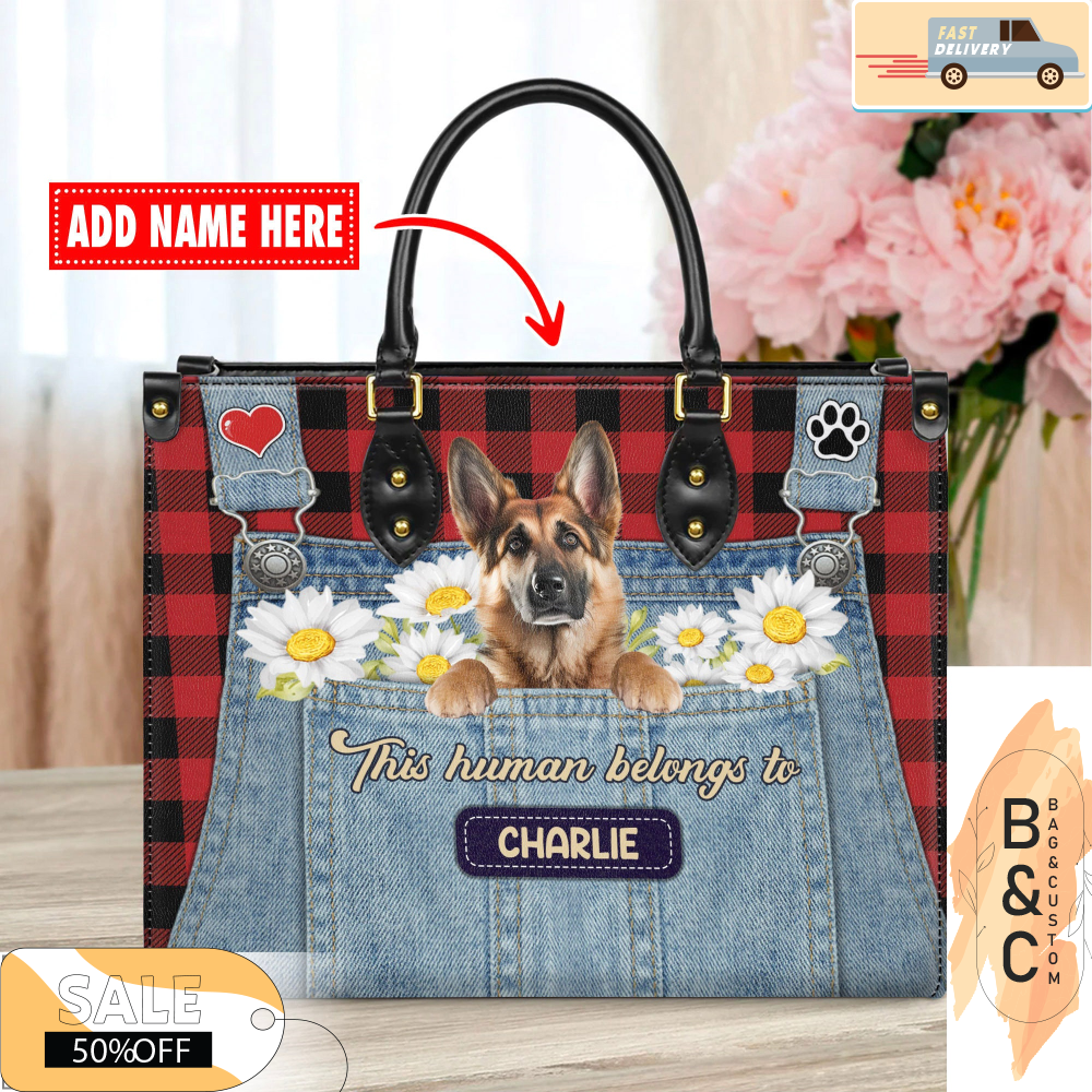 German Shepherd Dog Leather Handbag for Women, Gift for Her With Custom Name, Shoulder Tote Bag 1.jpg