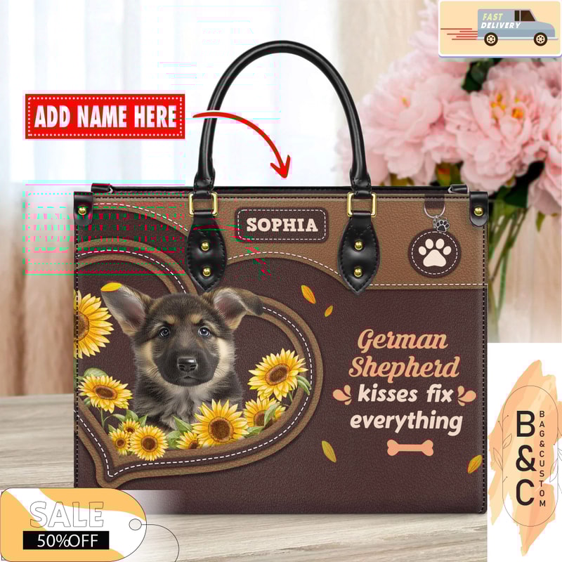 German Shepherd Dog Leather Handbag for Women, Gift for Her With Custom Name, Shoulder Tote Bag 2.jpg