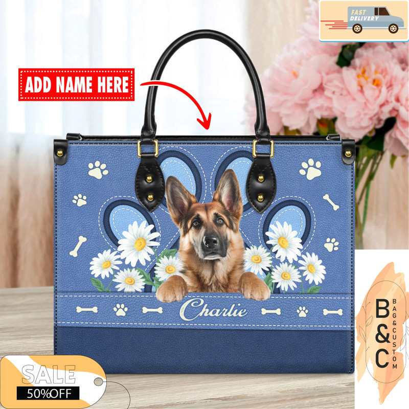 German Shepherd Dog Leather Handbag for Women, Gift for Her With Custom Name, Shoulder Tote Bag 5.jpg