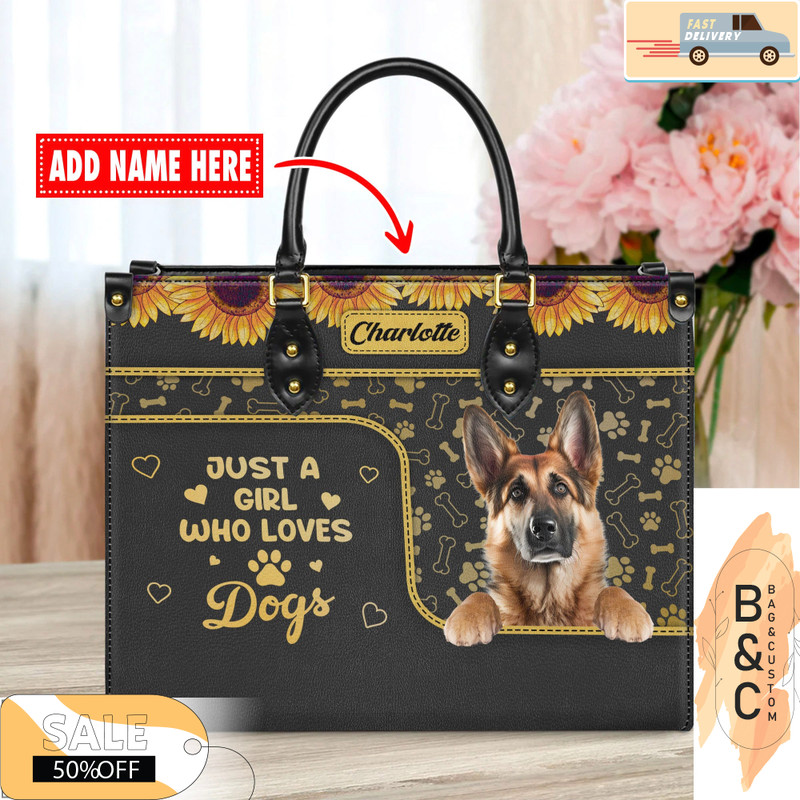German Shepherd Dog Leather Handbag for Women, Gift for Her With Custom Name, Shoulder Tote Bag.jpg
