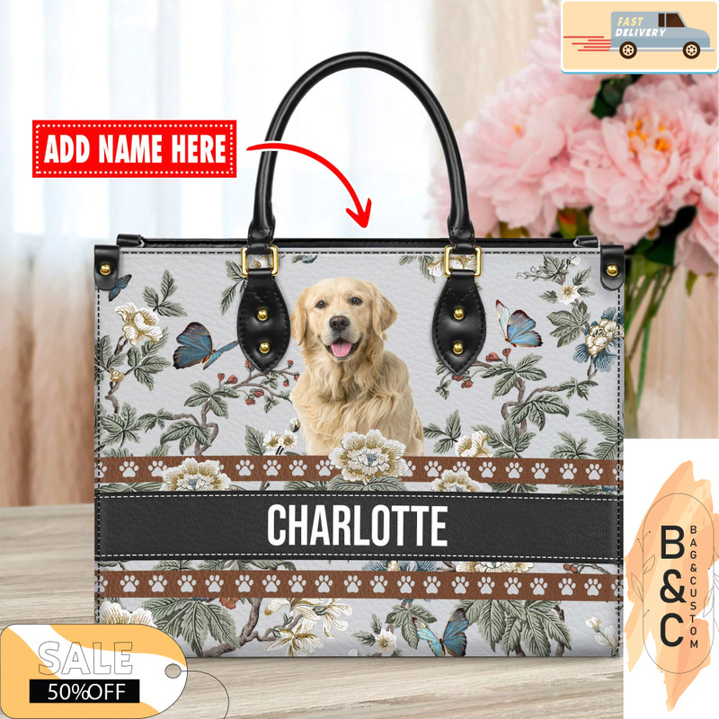 Golden Retriever Dog Leather Handbag for Women, Gift for Her With Custom Name, Shoulder Tote Bag 4.jpg