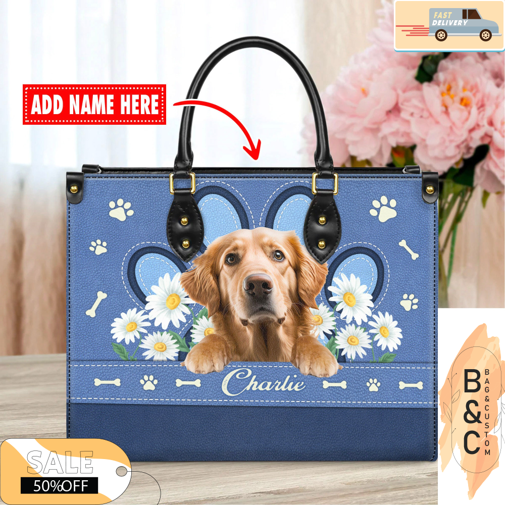 Golden Retriever Dog Leather Handbag for Women, Gift for Her With Custom Name, Shoulder Tote Bag 5.jpg