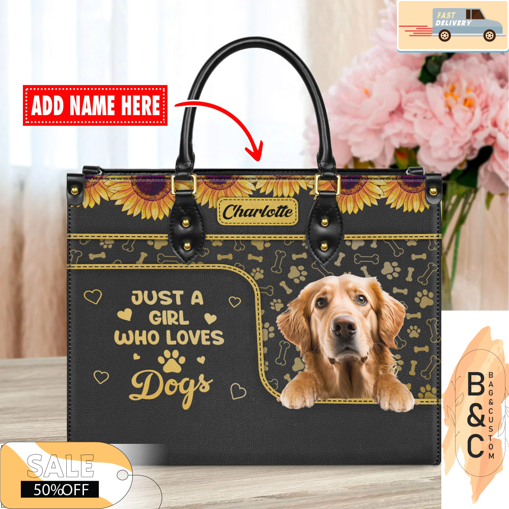 Golden Retriever Dog Leather Handbag for Women, Gift for Her With Custom Name, Shoulder Tote Bag.jpg