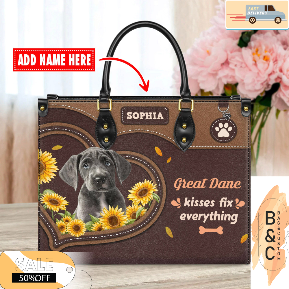 Great Dane Dog Leather Handbag for Women, Gift for Her With Custom Name, Shoulder Tote Bag 2.jpg