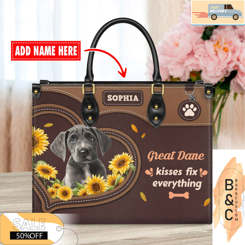 Great Dane Dog Leather Handbag for Women, Gift for Her With Custom Name, Shoulder Tote Bag 2.jpg