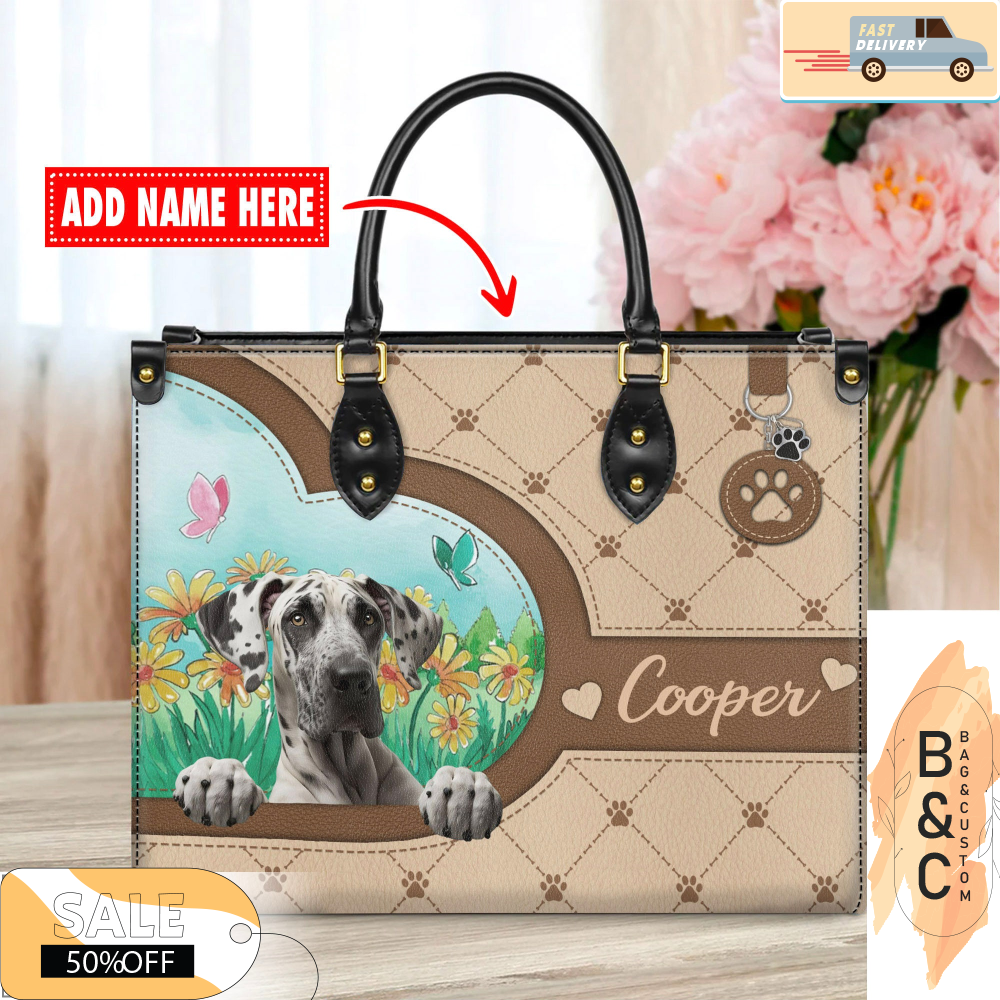 Great Dane Dog Leather Handbag for Women, Gift for Her With Custom Name, Shoulder Tote Bag 3.jpg