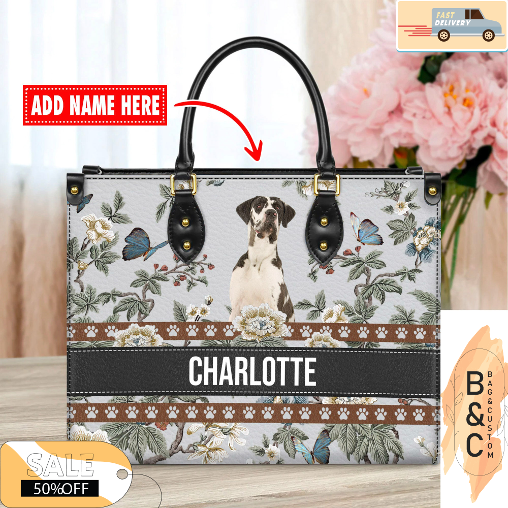 Great Dane Dog Leather Handbag for Women, Gift for Her With Custom Name, Shoulder Tote Bag 4.jpg